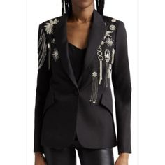 Brand New With Tags Lagence Chamberlain Crystal Patches Blazer Size 00 Beautiful Blazer Measures About 16" Pit To Pit And 25" Long Chic Fall Blazer With Rhinestones, Designer Embellished Black Blazer, Designer Black Embellished Blazer, Chic Rhinestone Blazer For Work, Luxury Embellished Outerwear For Work, Chic Embellished Blazer For Workwear, Elegant Black Blazer With Rhinestones, Luxury Embellished Workwear Outerwear, Designer Embellished Blazer For Night Out