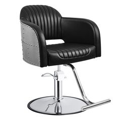 a black chair with chrome legs on a metal base and an arm rest that is attached to the back of it