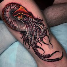 a man's leg with an octopus tattoo on it and his eye in the center