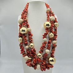 Les Bernard Coral Necklace Chunky Statement Shell Multistrand Beaded Nautical. Chunky Les Bernard Multistrand Necklace Features 3 Stands Of Coral, Shell, And Gold Tone Acrylic Beads. Hook Style Gold Tone Clasp Signed 'Les Bernard'. Measures Approximately 24" At Shortest Strand. Keywords: Boho Bohemian Hippie Festival Designer Beach Vacation Mermaid Red Beaded Necklace, Red Beaded Necklaces, Large Stone, Necklace Chunky, Polymer Clay Necklace, Hippie Festival, Coral Necklace, Clay Necklace, Bohemian Hippie