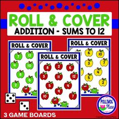 roll and cover game for addition to 12 with apples on the front, two dices in