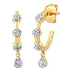 These exquisite Verifine dangle hoops combine the beauty of diamonds with the sophistication of gold, making them a perfect choice for adding a touch of glamour to any outfit. These exquisite Verifine dangle hoops combine the beauty of diamonds with the sophistication of gold, making them a perfect choice for adding a touch of glamour to any outfit. FEATURES Dimensions: 3.1 mm x 19 mm Backings: post Nickel free Metal: sterling silver Plating: 14k gold flash plated Finish: polishedDIAMOND DETAILS Fine Jewelry Teardrop Huggie Earrings With Diamond Accents, Teardrop Huggie Earrings With Diamond Accents, Yellow Gold Dangle Earrings With Pave Setting, White Gold Teardrop Huggie Earrings For Anniversary, White Gold Diamond Accent Teardrop Huggie Earrings, White Gold Teardrop Huggie Earrings With Diamond Accents, Teardrop Diamond Hoop Earrings With Accents, Yellow Gold Halo Design Dangle Diamond Earrings, Yellow Gold Drop Hoop Earrings For Anniversary