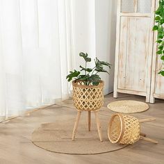 two planters sitting on top of a wooden floor next to a potted plant