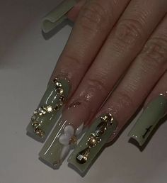 Sage Green Nails Acrylic Sweet 16, Sage Green Nail Inspo Square, Sage Green Nails Acrylic Quince, Long Acrylic Nails Sage Green, Sage Nails Coffin, Sage Green Nails Design Square, Olive Green Nails With Rhinestones, Short Nails Ideas With Diamonds, Quince Hair Ideas For Short Hair