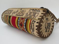 "Peruvian Pencil Case. This stunning handcrafted pencil case is made from leather and traditional Andean textile called Manta. This Pencil case can also be used as makeup bag. MADE in PERU from leather and cotton Andean textile. Dimensions: Lenght: 8\" Widht : 2.5\" Height : 2.5\"" Leather Pencil Roll, Leather Tool Roll, Leather Artist, Leather Eyeglass Cases, Leather Zipper Pouch, Black Makeup Bag, Canvas Pencil Case, Leather Pencil Case, Leather Glasses Case