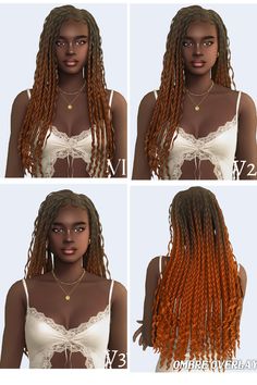 four images of different types of braids on a woman's head and chest