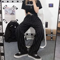 FREE+SHIPPING+WORLDWIDE Size+:+M-XL M: Waist+64-76+cm Length+90+cm // L: Waist+64-76+cm Length+92+cm // XL: Waist+64-76+cm Length+94+cm Vertical Striped Pants Outfit, Striped Pants Street Style, Black Striped Pants Outfit, Black And White Striped Pants Outfit, Striped Pants Outfit, Comfy Goth Outfits, Striped Trousers Outfit, Pinstripe Pants Outfit, Stripe Pants Outfit