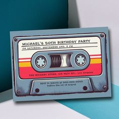 a birthday party card featuring an old school cassette