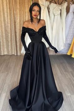 Modern Black Off-the-Shoulder Evening Gownses Long Sleeves WIth Sequins-BallBride Black Long Sleeve Prom Dress, Prom Dress Strapless, Strapless Prom Dresses, Long Sleeve Prom, Black Prom Dress, Party Dress Long Sleeve, Black Prom, A Line Prom Dresses, فستان سهرة