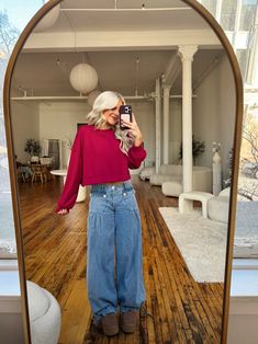 Why we love them: the cutest fit EVER front pockets mid-waisted the most flattering denim adjustable ankle ties fit perfectly in the waist + billowy through the leg they will uplevel every single outfit you’ll wear these jeans with everything Sizing: X-Small: 00-2 // 24 Small: 2-4 // 25-26 Medium: 6-8 // 27-28 Large: 10-12 // 29-30 runs true to size, Haidyn wears a size 27 and is wearing a Medium. Denim Uggs, Cute Granola Outfits, Warm Tone Outfits, Granola Outfits, Prettiest Colors, Miniskirt Outfits, Fall Fits, Cutie Pie, Holly Jolly