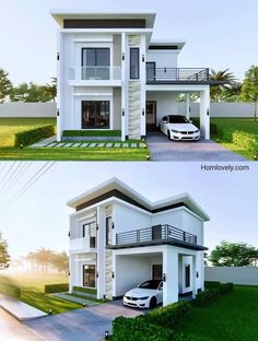 two different views of a modern house with cars parked in the driveway and on the ground