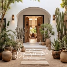 an entry way with potted plants in front of it