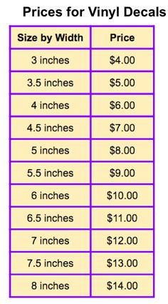 prices for vinyl decals are shown in purple and pink colors, with the price listed below