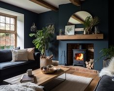 a living room filled with furniture and a fire place in the middle of it's walls