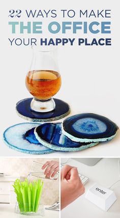 the office is decorated with blue and green glass coasters, which are also made from paper