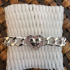 A Super Cute Womens Guess Silver Chain Bracelet With Pink Gem Heart. Brand New! Magnetic Heart Closure. Trendy Silver Stainless Steel Bracelets, Trendy Stainless Steel Silver Bracelets, Trendy Silver Metal Bracelets, Trendy Silver Stainless Steel Charm Bracelet, Silver Charm Bracelet With Chain As A Gift, Silver Heart Charm Bracelet For Party, Trendy Silver Heart Bracelet For Gift, Adjustable Silver Metal Heart Bracelet, Silver Charm Bracelet With Adjustable Chain For Party