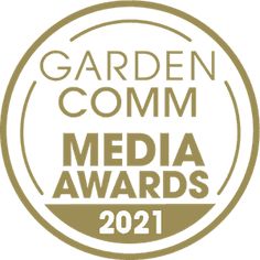 the garden comm media awards logo is shown in gold on a white background,