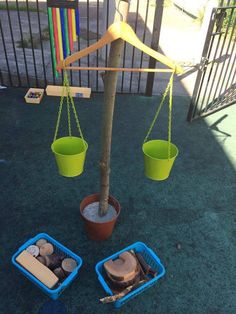 a tree with two buckets and one potted plant