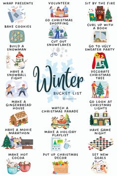 the winter bucket list is shown with pictures and words to help you know what's in