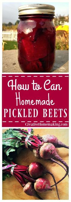 a jar filled with pickled beets sitting on top of a table