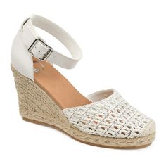 These Journee Collection Sierra wedge sandals are the perfect chic fit for your look. These Journee Collection Sierra wedge sandals are the perfect chic fit for your look. SANDAL FEATURES Woven Detail, Espadrille Wedge Design Square Buckle Accent, Soft Cushioned Insole SANDAL CONSTRUCTION Faux leather upper Polyurethane lining Manmade, rubber outsole SANDAL DETAILS Round toe Buckle closure Padded footbed 3.75-in. heel 1-in. platform height Color: White. Gender: female. Age Group: adult. Lace Espadrilles, Heeled Espadrilles, Closed Toe Sandals, Womens Sandals Wedges, Leather Detail, Design Square, Espadrille Wedge, Espadrille Sandals, Wide Fit Boots