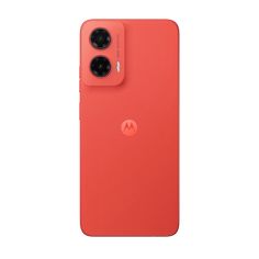 the back view of an orange motorola phone with two cameras on each side and one camera facing