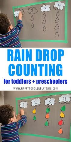 a young boy writing on a bulletin board with raindrop counting for toddlers and preschoolers