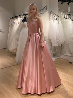 Princess V Neck Satin Long Pink Prom Dresses with Cross Back, V Neck Pink Formal Graduation Evening Dresses Burgundy Bridesmaid Dresses Lace, Prom Dress V Neck, Satin Long Prom Dress, Princess Evening Dress, Prom Dresses Long Pink, Princess Prom Dresses, Pink Prom, Lace Bridesmaid Dresses, Pink Prom Dresses