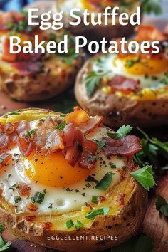 an egg stuffed baked potatoes with bacon on top