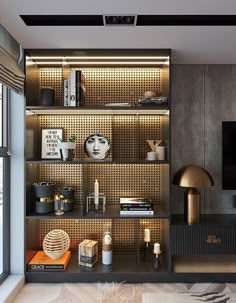 a living room filled with furniture and a flat screen tv on top of a wooden shelf