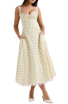 HOUSE OF CB Rosalee Floral Stretch Cotton Petticoat Dress | Nordstrom Cotton Dress With Sweetheart Neckline For Garden Party, Spring Midi Dress With Empire Waist And Lined Bodice, Spring Brunch Dress With Lined Bodice, Spring Empire Waist Dress With Lined Bodice, Spring Tea-length Dress With Lace Trim, Spring Tea Length Dress With Lace Trim, Spring Wedding Dress With Princess Seams, Spring Dress With Lined Bodice And Full Skirt, Summer Dresses With Princess Seams And Fitted Bodice