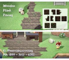 an animal crossing game is shown in two different screens, one showing wood plank paving and the other showing lumbering