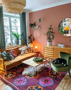 a living room filled with furniture and lots of plants on top of the windowsill