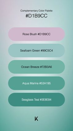 Complementary Color Palette Rose Blush #D1B9CC · Seafoam Green #99C5C4 · Ocean Breeze #72B3A6 · Aqua Marine #53A195 · Seaglass Teal #3E8E84 Complementary Color Palette, Rose Blush, Soft Rose, Peach Roses, Work Organization, Aqua Marine, Ocean Breeze