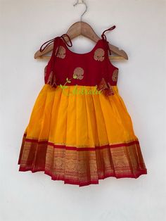 "READY TO DISPATCH. Age: 0-2 Years. The yoke portion of the frock is made of soft flowers weaved high quality silk fabric and the skirt portion is made of Kanchipuram silk fabric. The dress is fully lined with cotton fabric. The stitches are concealed. The frock is from our new collection \"Papa Ki Pari'. A man's daughter is his heart💓. Just with little feet's walking out in the world. Chitralie by Lekha Meera proudly announcing the launch of our new kids ethnic wear collection.\"Papa Ki Pari\" Red Cotton Dress With Pallu, Mom Daughter Matching Dresses, Designers Dresses, Frock Pattern, Baby Dress Embroidery, Cotton Frocks For Kids, Girl Frock, Soft Flowers, Frocks For Kids