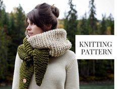 a woman wearing a knitted scarf in green and white with the words knitting pattern on it