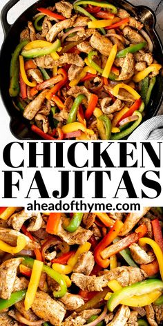 chicken fajitas with peppers and onions in a skillet