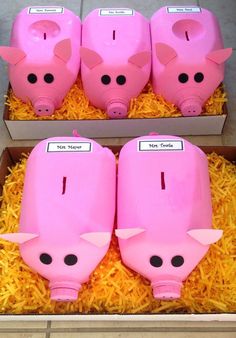 three pink piggy banks sitting in hay on top of each other with the words save from