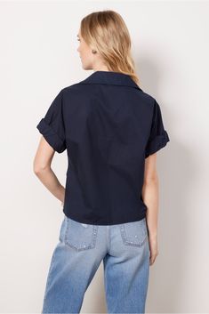 A twist-front hem adds a stylish touch to this cotton button-down by Stateside, featuring a relaxed fit, slightly cropped length, and rolled short sleeves. Add it to your warm-weather rotation with jeans, shorts, or cargo pants. | STATESIDE Women's Voile Twist Front Shirt, Size Small, Blue Navy Collared Top With Relaxed Fit, Spring Cotton Camp Shirt With Collared Neckline, Navy Relaxed Fit Collared Top, Relaxed Fit Cotton Cropped Shirt With Button Closure, Relaxed Fit Cotton Cropped Button-up Shirt, Summer Cotton Camp Shirt For Workwear, Relaxed Fit Cotton Cropped Shirt, Casual Cotton Blouse With Collared Neckline, Summer Cotton Camp Shirt For Work