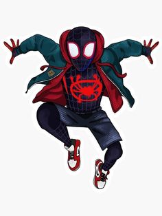 a spider man flying through the air with his arms out and legs spread wide open