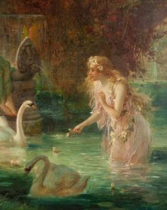 a painting of a woman in the water with swans