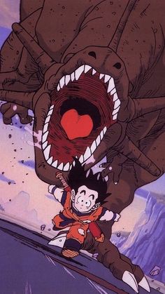 an animated image of a giant monster attacking a boy on the ground with his mouth open