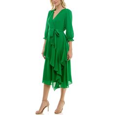 Add a fresh style for any occasion to your wardrobe with this Women's Bleecker 126 Faux Wrap Cascade Ruffle Midi Dress.Click on this WOMEN'S GUIDE to find the perfect fit and more! Add a fresh style for any occasion to your wardrobe with this Women's Bleecker 126 Faux Wrap Cascade Ruffle Midi Dress.Click on this WOMEN'S GUIDE to find the perfect fit and more! FEATURES Surplice neckline Ruffle 3/4-length sleeves with elastic cuffs Zipper back Cascading feminine ruffles Coordinating sash Asymmetri Fitted Green Ruffle Dress For Spring, Tiered Green Midi Dress For Party, Flowy Ruffle Dress For Spring Party, Fitted Ruffle Dress For Spring Formal, Fitted Green Ruffle Dress With V-neck, Green Fitted V-neck Ruffle Dress, Spring Pleated Tiered Ruffle Dress, Green V-neck Ruffle Dress For Spring, Fitted Green Ruffle Dress With Ruffle Hem