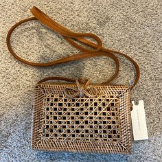 Perfect Summer Crossbody 7 Inches Wide X 4 1/2 Inches Tall X 2 Inches Deep Brown Square Shoulder Bag For Spring, Rectangular Tan Shoulder Bag For Beach, Tan Rectangular Straw Bag For Vacation, Rectangular Tan Straw Bag For Vacation, Tan Woven Rectangular Shoulder Bag, Tan Woven Rectangular Bag, Anthropologie Bags, Soft Cooler, Summer Bag