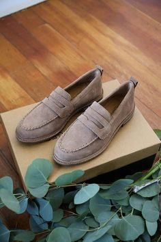 Almond Suede Upper Recycled outsole Natural canvas lining Loafer Stacked Low Heel Round Toe