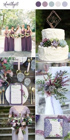 a collage of photos with purple and white wedding decor, including cake, napkins, flowers, and other items