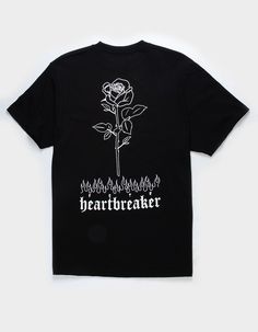 Vstr Heartbreaker Tee. Rose Graphic Screened On Left Chest. Large Graphic On Back. Ribbed Crew Neckline. Short Sleeve. 100% Cotton. Machine Wash. Imported. Rose Print Crew Neck Top For Streetwear, Heart Graphic T-shirt For Spring Streetwear, Spring Heart Graphic T-shirt For Streetwear, Trendy Heart Print Tops For Streetwear, Top Graphic Tees, Mens Tees, Black Tee, Apparel Accessories, Shirts Tops