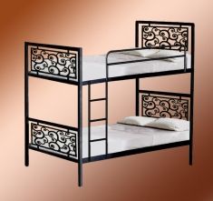 a black metal bunk bed with white sheets and pillows on it's bottom shelf