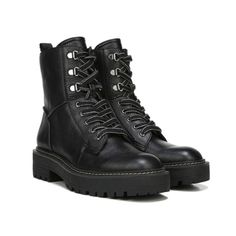 A Major Platform And Chunky Lug Heel Boost The Punk-Inflected Style Of This Cool Combat Boot With A Stitched Logo Motif At The Tongue. 1 1/2" Heel; 1" Platform 6" Shaft Lace-Up Style; Side Zip Closure Leather Upper Synthetic Lining And Sole Imported Edgy Leather Lace-up Boots With Lug Sole, Punk Leather Lace-up Boots With Lug Sole, Lace-up Moto Boots With Reinforced Toe For Work, Punk Leather Boots With Lug Sole, Edgy Leather High Ankle Combat Boots, Edgy High Ankle Leather Combat Boots, Edgy Leather Lace-up Boots, Edgy Leather Ankle Lace-up Boots, Leather Moto Boots With Laces And Round Toe