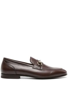 chocolate brown calf leather horsebit detail gold-tone hardware almond toe slip-on style branded leather insole flat leather sole Penny Loafers Men, Loafers Brown, Brown Loafers, Suede Loafers, Brown Shoe, Penny Loafers, Leather Loafers, Leather Material, Chocolate Brown